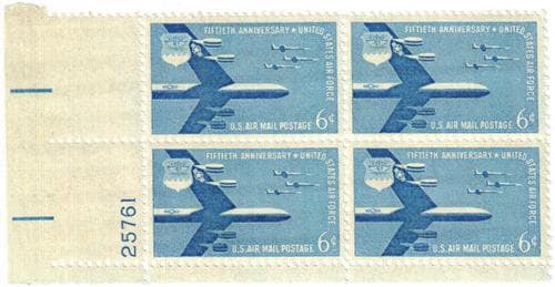 United States | Air Force Plate Block of Four 6-Cent United States Air Mail Postage Stamps Issued 1957 Stamp United States