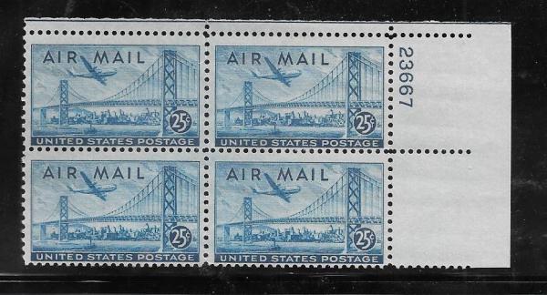 United States | Airplane Over San Francisco Plate Block of Four 25-Cent United States Air Mail Postage Stamps Blue Stamp Blue