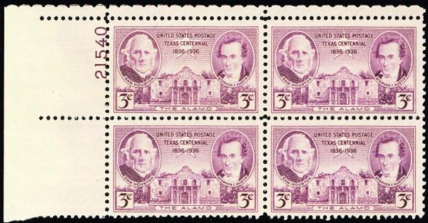 United States | Alamo Plate Block of Four 3-Cent United States Postage Stamps Stamp United States