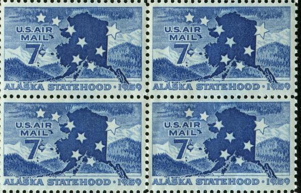 United States | Alaska Statehood Block of Four 7-Cent United States Air Mail Postage Stamps Issued 1959 Dark blue Stamp Dark blue