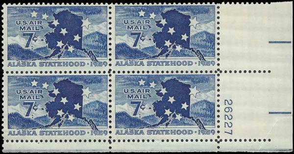 United States | Alaska Statehood Plate Block of Four US 7-Cent Air Mail Stamps Issued 1959 Dark blue Stamp Dark blue