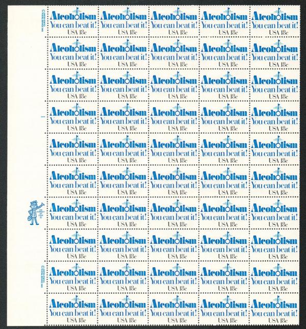 United States | Alcoholism Sheet of Fifty 18-Cent United States Postage Stamps Issued 1981 Stamp United States