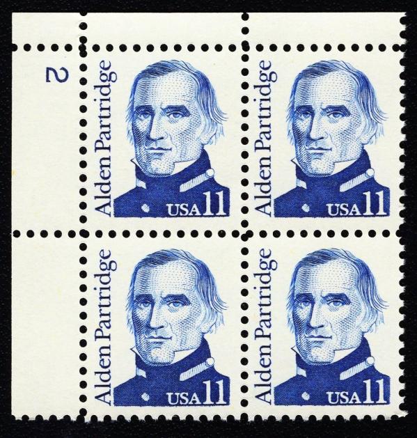 United States | Alden Partridge Plate Block of Four 11-Cent United States Postage Stamps Issued 1985 Dark blue Stamp Dark blue