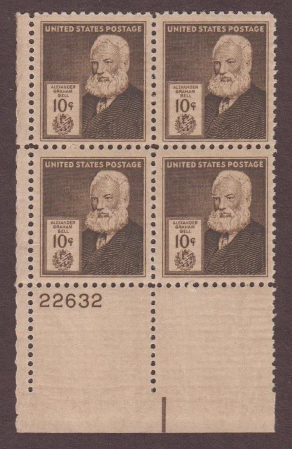 United States | Alexander Graham Bell Plate Block of Four 10-Cent United States Postage Stamps Issued 1940 Dark brown Stamp Dark brown