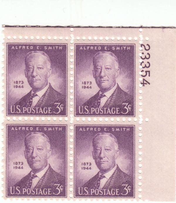 United States | Alfred E Smith Plate Block of Four 3-Cent United States Postage Stamps Purple Stamp Purple