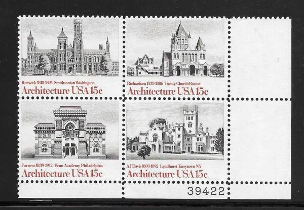 United States | American Architecture Plate Block of Four 15-Cent United States Postage Stamps Issued 1979 Black and brick red Stamp Black & brick red