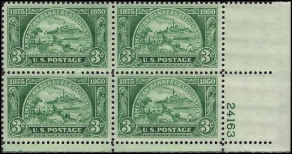 United States | American Bankers Association Plate Block of Four 3-Cent United States Postage Stamps Issued 1950 Yellowish green Stamp United States