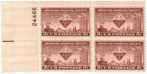 United States | American Chemical Society Plate Block of Four 3-Cent United States Postage Stamps Issued 1951 Violet brown Stamp United States