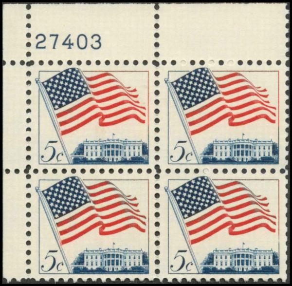 United States | American Flag Plate Block of Four 5-Cent United States Postage Stamps Issued 1963 Blue and red Stamp Blue & Red