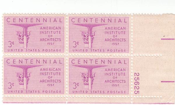 United States | American Institute of Architects Plate Block of Four 3-Cent United States Postage Stamps Issued 1957 Stamp United States