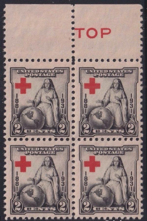 United States | American Red Cross Block of Four 2-Cent United States Postage Stamps Issued 1931 Black and Red Stamp Black & Red