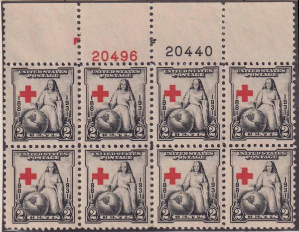 United States | American Red Cross Plate Block of Eight 2-Cent United States Postage Stamps Issued 1931 Black and Red Stamp Black & Red