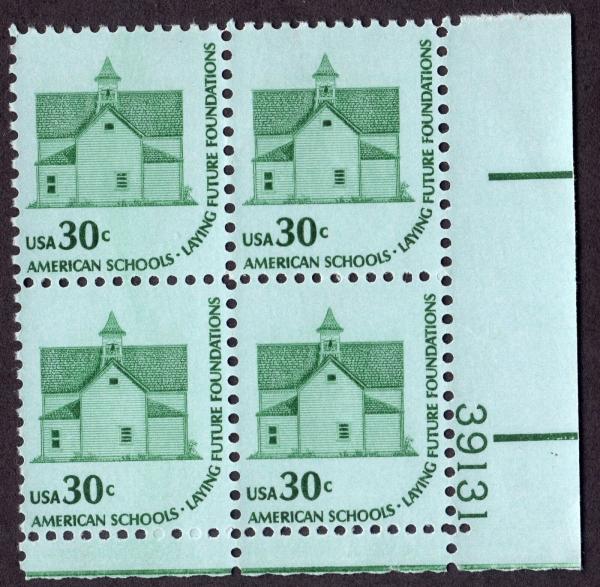 United States | American Schoolhouse Plate Block of Four 30-Cent United States Postage Stamps Issued 1979 Stamp United States