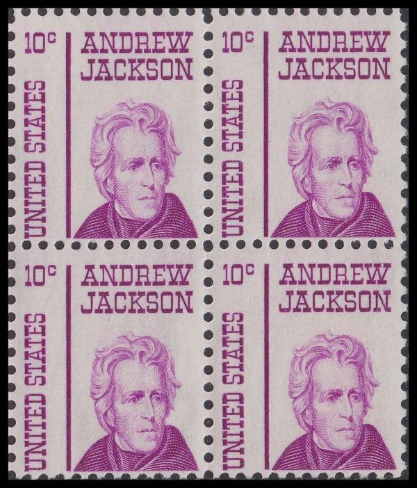 United States | Andrew Jackson Block of Four 10-Cent United States Postage Stamps Issued 1967 Lilac Stamp Lilac