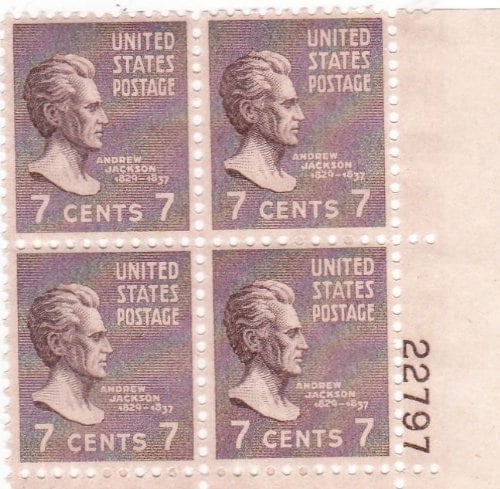 United States | Andrew Jackson Plate Block of Four 7-Cent United States Postage Stamps Sepia Stamp Sepia