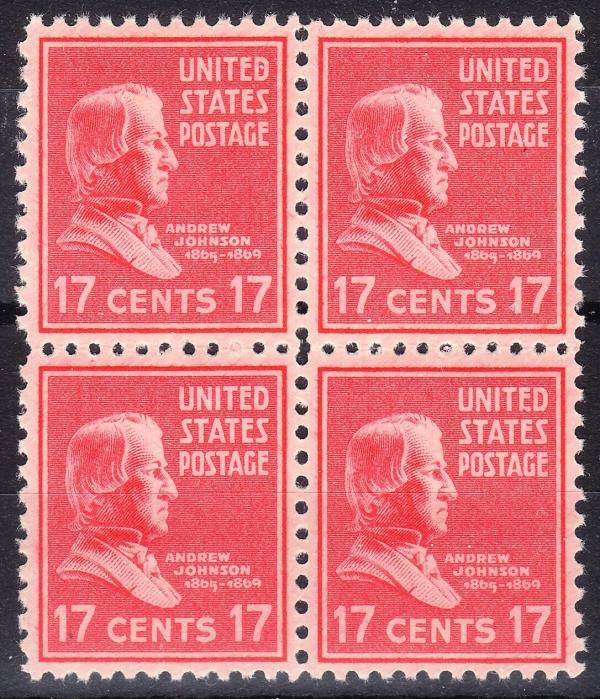 United States | Andrew Johnson Block of Four 17-Cent United States Postage Stamps Issued 1938 Rose red Stamp Rose red