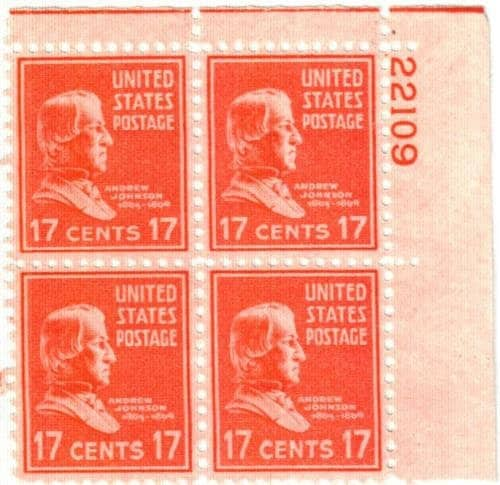 United States | Andrew Johnson Plate Block of Four 17-Cent United States Postage Stamps Rose red Stamp Rose red