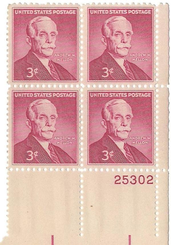 United States | Andrew Mellon Plate Block of Four 3-Cent United States Postage Stamps Issued 1955  Rose carmine Stamp Rose carmine