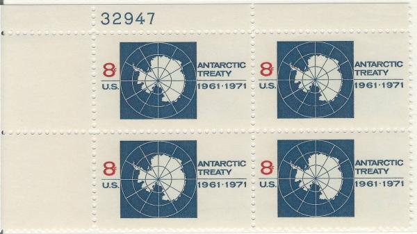 United States | Antarctic Treaty Plate Block of Four 8-Cent US Postage Stamps Issued 1971 Red and dark blue Stamp Red & dark blue