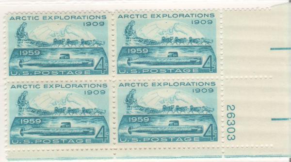 United States | Arctic Explorations Plate Block of Four 4-Cent United States Postage Stamps Issued 1959 Stamp United States