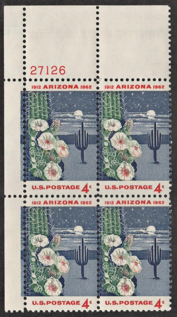 United States | Arizona Statehood Plate Block of Four 4-Cent United States Postage Stamps Carmine, violet blue, and green Stamp Carmine, violet blue, & green