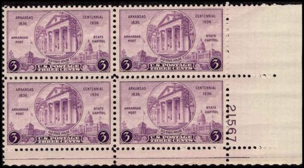 United States | Arkansas Centennial Plate Block of Four 3-Cent US Postage Stamps Issued 1936 Stamp United States