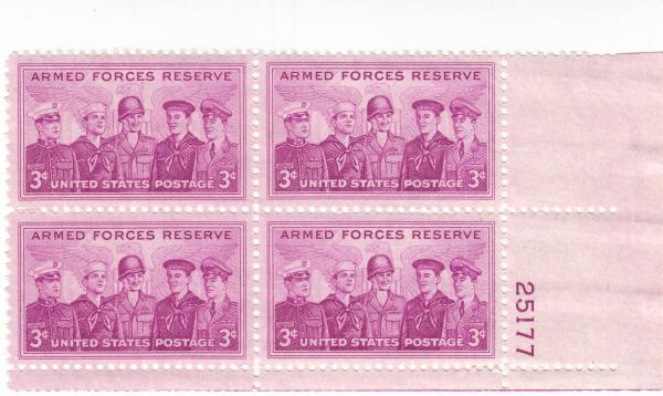 United States | Armed Forces Reserve Plate Block of Four 3-Cent United States Postage Stamps Issued 1955 Purple Stamp Purple