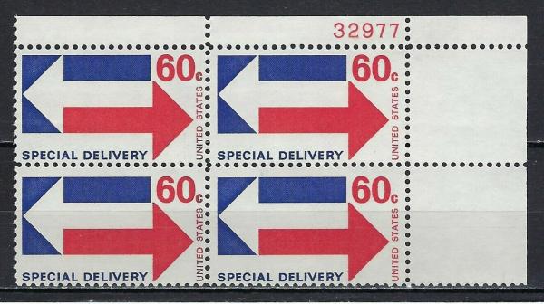 United States | Arrows Plate Block of Four 60-Cent United States Special Delivery Postage Stamps Issued 1971 Blue and red Stamp Blue & Red