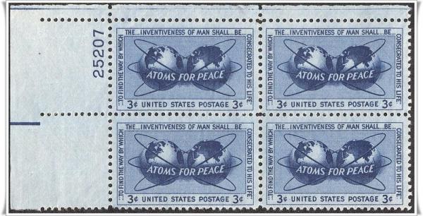 United States | Atoms For Peace Plate Block of Four 3-Cent United States Postage Stamps Issued 1955 Stamp United States