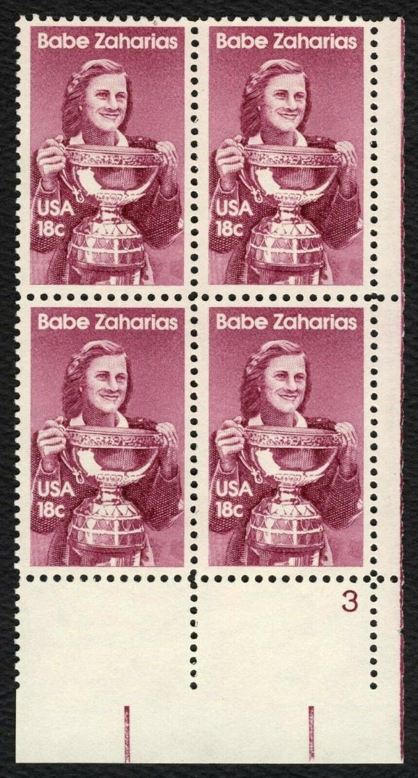 United States | Babe Zaharias Plate Block of Four 18-Cent United States Postage Stamps Purple Stamp Purple