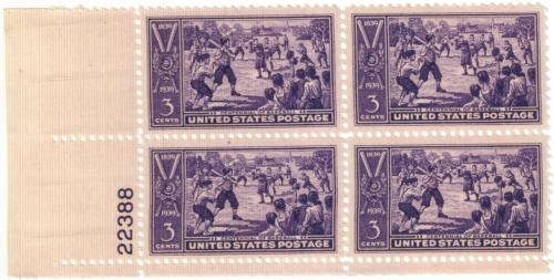 United States | Baseball Centennial Plate Block of Four 3-Cent United States Postage Stamps Issued 1939 Violet Stamp United States