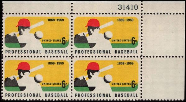 United States | Baseball Plate Block of Four 6-Cent United States Postage Stamps Issued 1969 Yellow, red, black and green Stamp United States