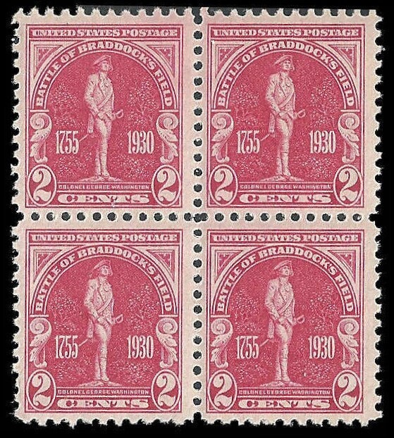 United States | Battle of Braddocks Field Block of Four 2-Cent US Postage Stamps Issued 1930 Carmine rose Stamp Carmine rose