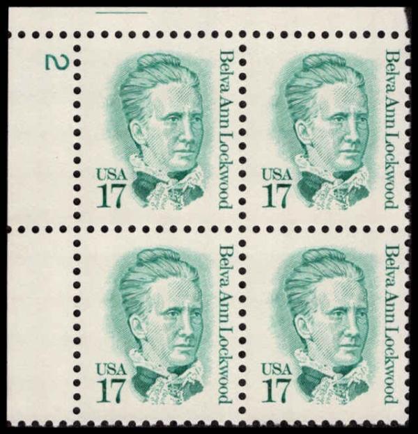 United States | Belva Ann Lockwood Plate Block of Four 17-Cent United States Postage Stamps Dull blue green Stamp Dull blue green