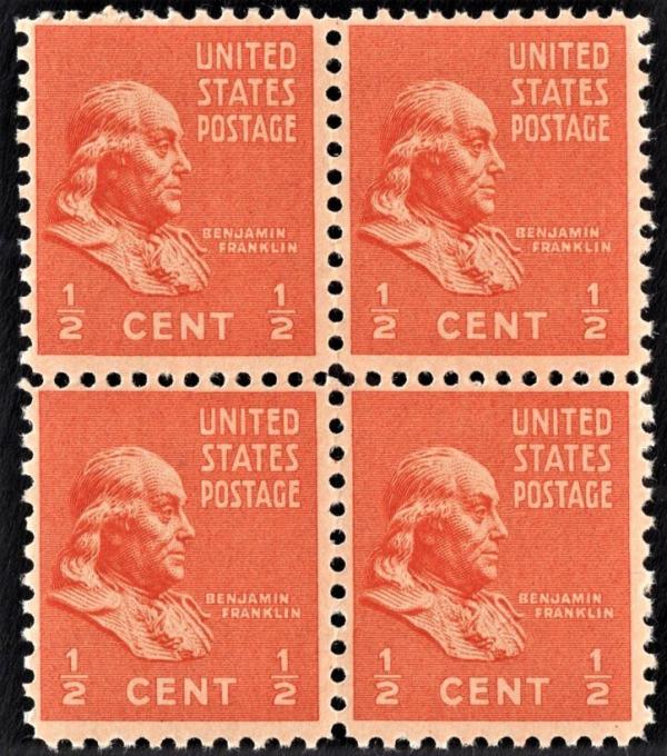 United States | Benjamin Franklin Block of Four Half-Cent United States Postage Stamps Deep orange Stamp Deep orange