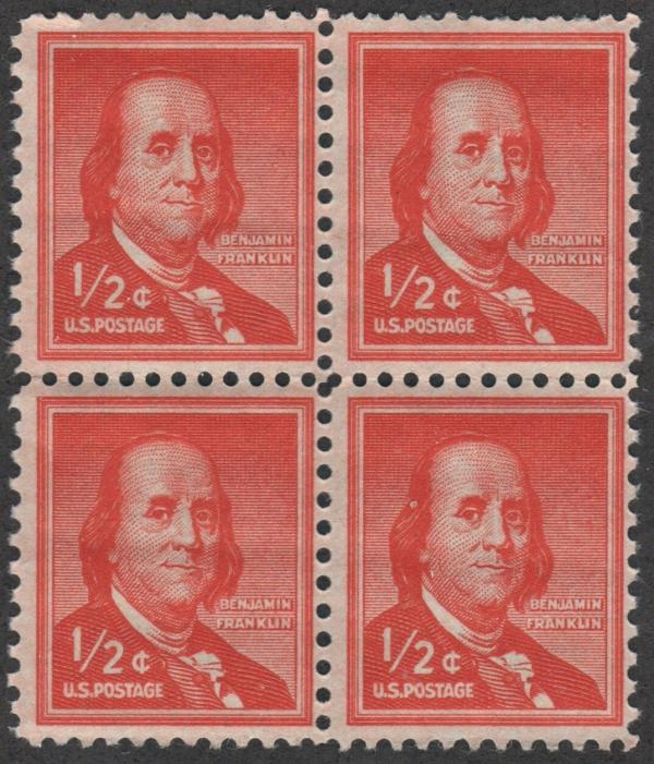 United States | Benjamin Franklin Block of Four Half-Cent US Postage Stamps Issued 1958 Red orange Stamp Red orange