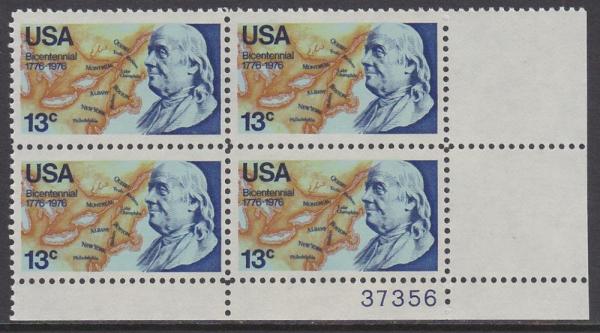 United States | Benjamin Franklin Plate Block of Four 13-Cent United States Postage Stamps Stamp United States