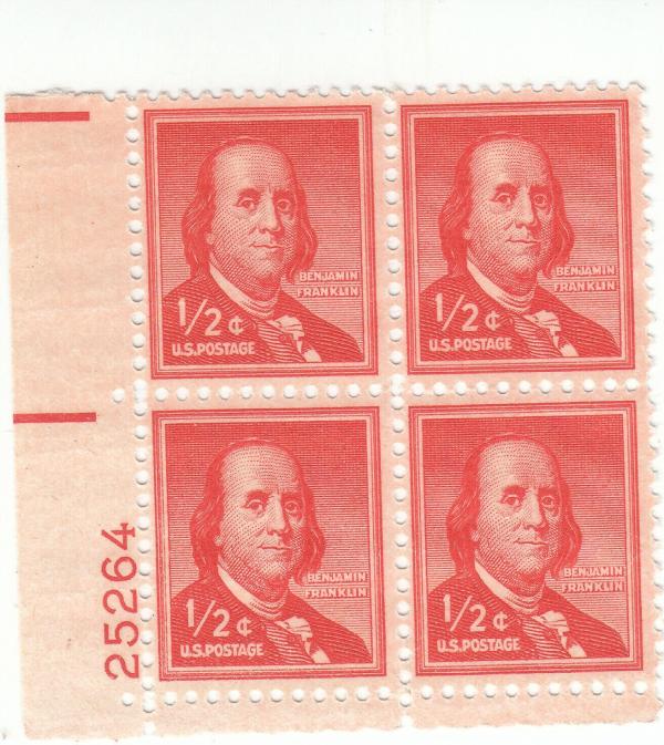 United States | Benjamin Franklin Plate Block of Four Half-Cent US Postage Stamps Issued 1958 Red orange Stamp Red orange