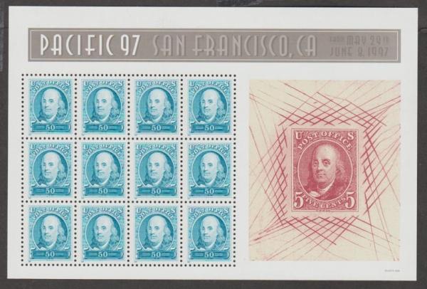 United States | Benjamin Franklin Sheet of Twelve 50-Cent United States Postage Stamps Issued 1997 Stamp United States