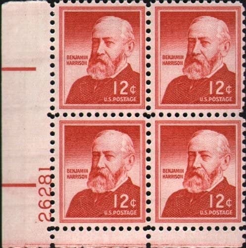 United States | Benjamin Harrison Plate Block of Four 12-Cent US Postage Stamps Issued 1959 Red Stamp Red