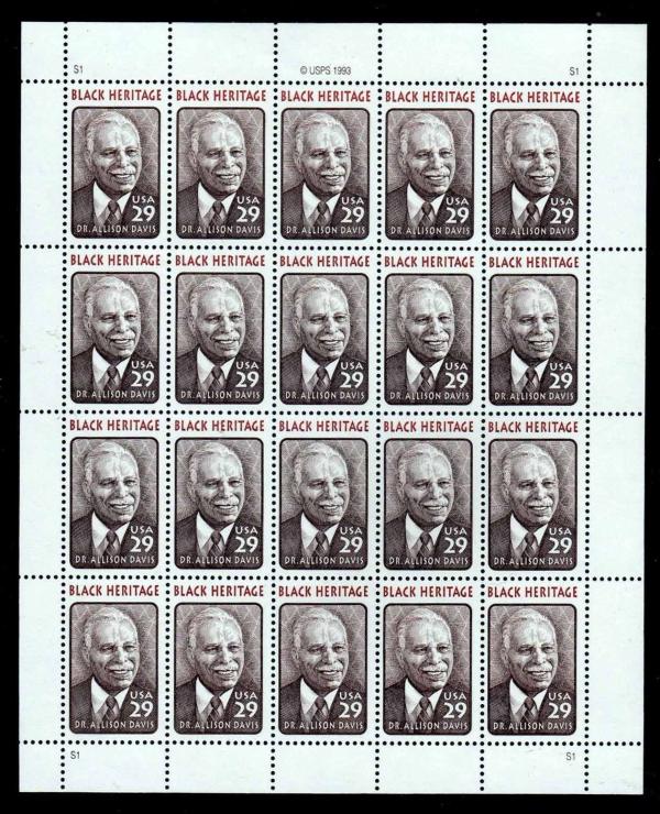 United States | Black Heritage Dr Allison Davis Sheet of Twenty 29-Cent US Postage Stamps Issued 1944 Red brown and brown Stamp Red brown & brown