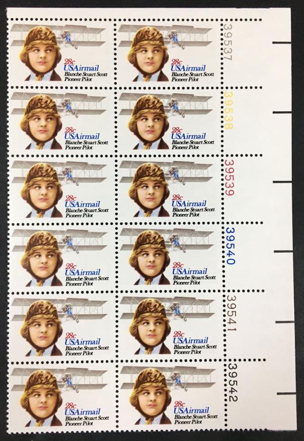 United States | Blanche Stuart Scott Plate Block of Twelve 28-Cent United States Air Mail Postage Stamps Issued 1980 Stamp United States