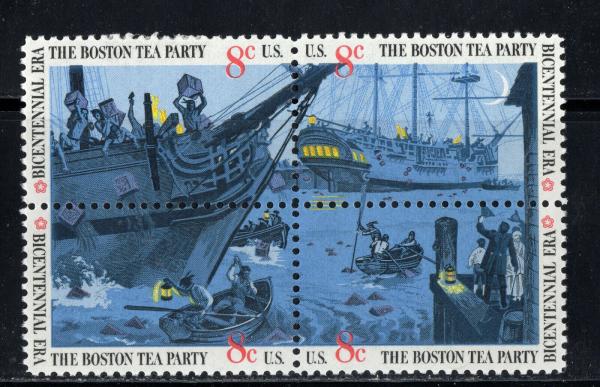 United States | Boston Tea Party Block of Four 8-Cent United States Postage Stamps Issued 1973 Stamp United States