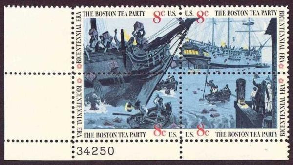 United States | Boston Tea Party Plate Block of Four 8-Cent United States Stamps Issued 1973 Stamp United States