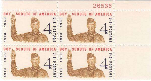 United States | Boy Scouts of America Plate Block of Four 4-Cent US Postage Stamps Issued 1960 Red, dark blue and dark bister Stamp Red, dark blue & dark bister