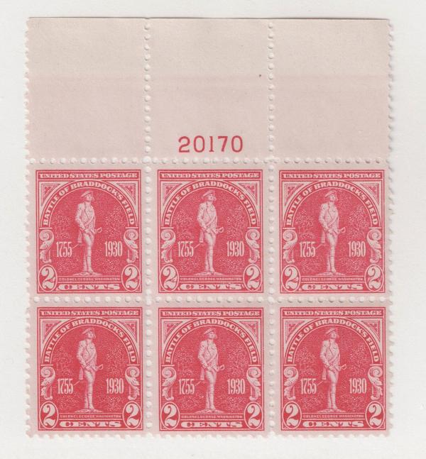 United States | Braddocks Field Revolutionary War Battle Plate Block of Six 2-Cent US Postage Stamps Issued 1930 Carmine rose Stamp Carmine rose