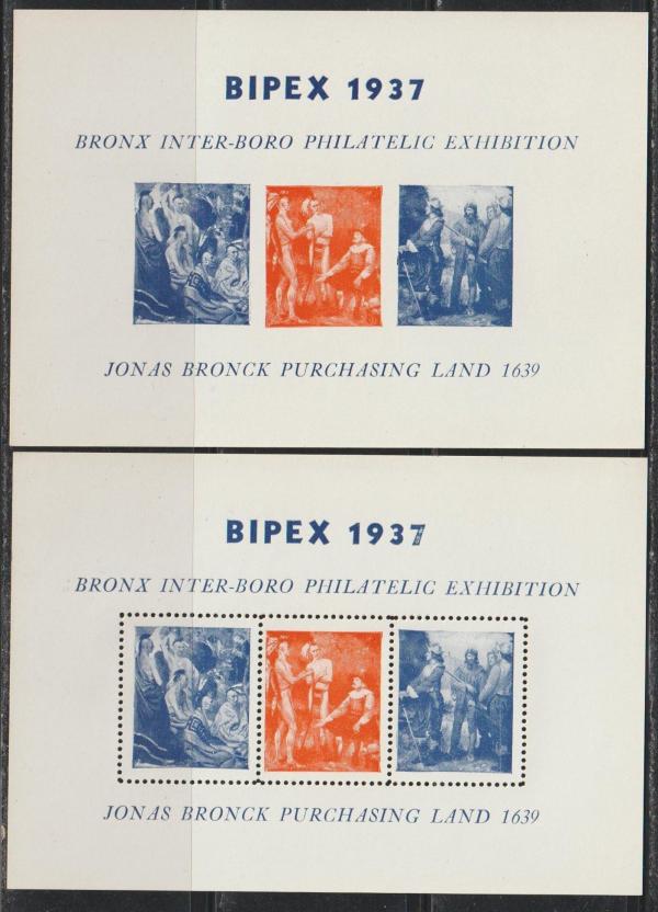 United States | Bronx InterBoro Philatelic Exhibition Set of Two Stamp Souvenir Sheets Perforate and Imperforate Issued 1937 Stamp United States