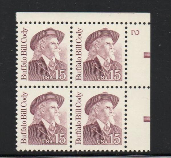 United States | Buffalo Bill Cody Plate Block of Four 15-Cent United States Postage Stamps Issued 1988 Claret Stamp Claret