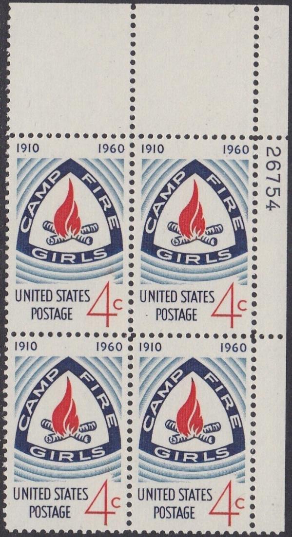 United States | Camp Fire Girls Plate Block of Four 4-Cent United States Postage Stamps Issued 1960 Blue and red Stamp Blue & Red