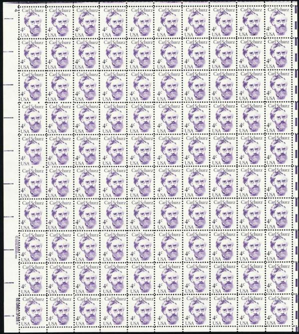 United States | Carl Schurz Sheet of One Hundred 4-Cent US Postage Stamps Issued 1983 Violet Stamp United States